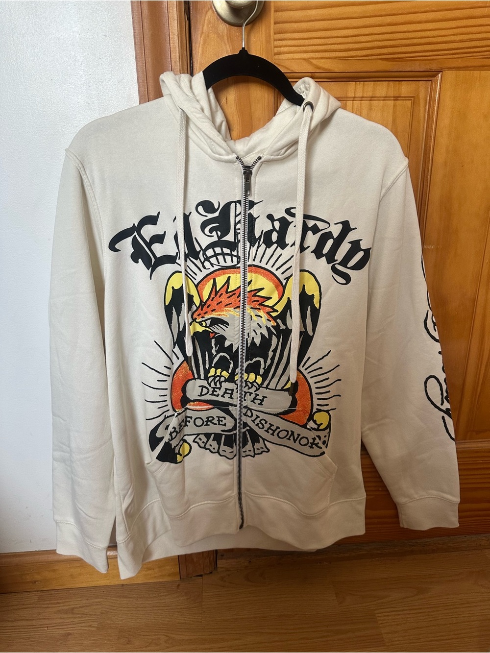 Ed Hardy “Death Before Dishonor” Zip Hoodie – Ivory – Medium
